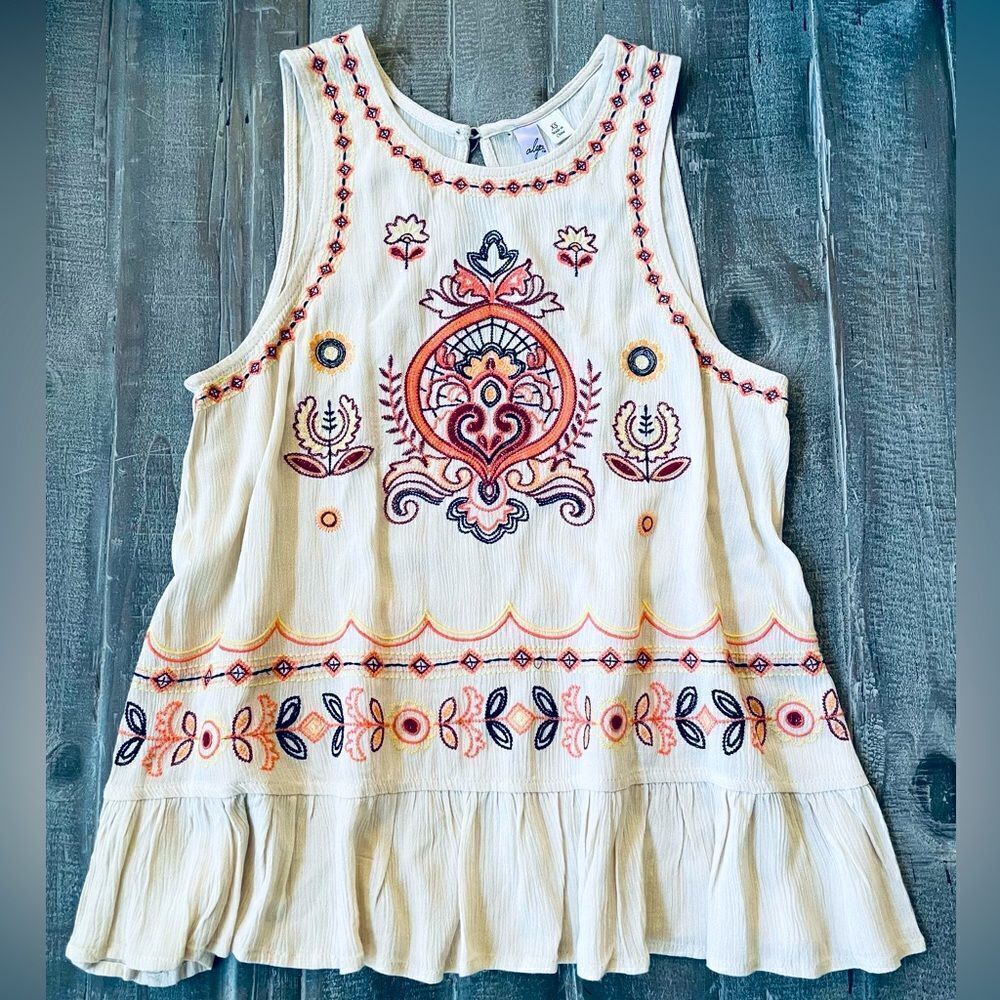Alya Boho Embroidered Flowy Cream Sleeveless Blouse Top XS